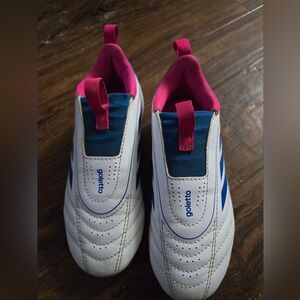 Adidas Kids' White/Blue/Pink Soccer Cleats, No Laces - Easy on/off, Size 12K